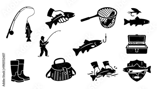 Trout Fishing Scene Silhouettes Set, Angling Activity and Sport Fishing Icons