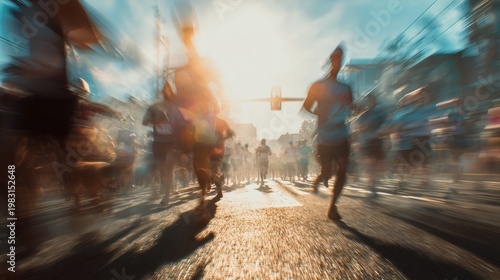 Blurred motion of marathon runners on city street at sunrise