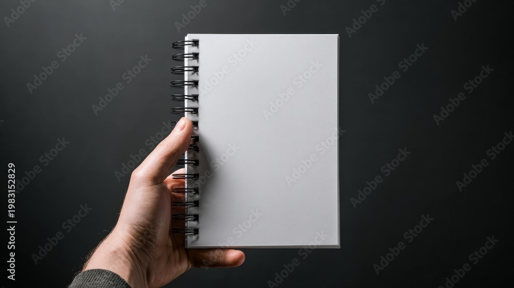 Obraz premium Hand holding blank spiral notebook against dark background