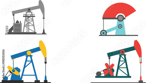 Four colorful oil pump jack silhouettes in a flat design style on white background