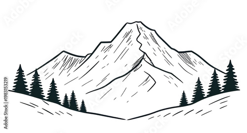 mountain, landscape, vector, illustration, nature, peak, hill, range, sky, outdoor, scenery, travel, wilderness, forest, horizon, sunrise, terrain