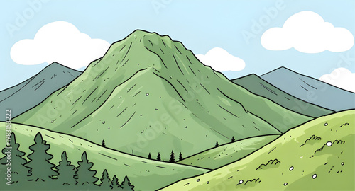 mountain, landscape, vector, illustration, nature, peak, hill, range, sky, outdoor, scenery, travel, wilderness, forest, horizon, sunrise, terrain