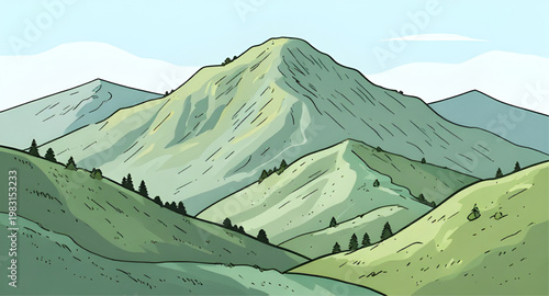Bilde på lerret landscape, mountain, vector, illustration, nature, peak, hill, range, sky, outdo