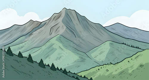 mountain landscape, vector illustration, nature scene, mountain range, scenic view, outdoor landscape, travel scene, forest hills, sky view, natural scenery, peak view, landscape design, wilderness sc