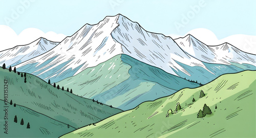 mountain landscape, vector illustration, nature scene, mountain range, scenic view, outdoor landscape, travel scene, forest hills, sky view, natural scenery, peak view, landscape design, wilderness sc