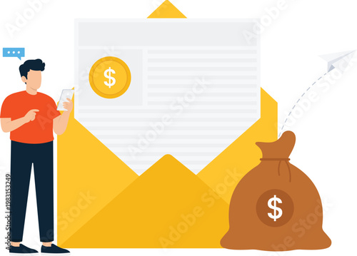 financial notification, business communication, digital payment, online transaction, money transfer, income receipt, large envelope