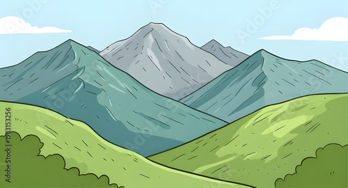 mountain landscape, vector illustration, nature scene, mountain range, scenic view, outdoor landscape, travel scene, forest hills, sky view, natural scenery, peak view, landscape design, wilderness sc