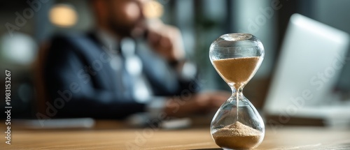 Businessman in office with hourglass symbolizing time management