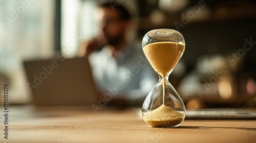 Hourglass on desk with blurred businessman working in background