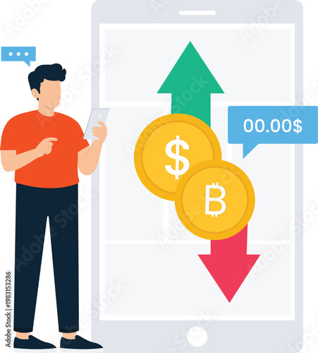 Mobile trading financial analysis cryptocurrency exchange digital investment stock market bitcoin price dollar value online banking market volatility upward trend downward arrow flat design