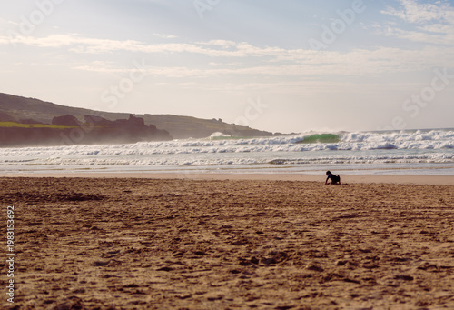 Cornwall Beach with rolling waves breaking, child playing