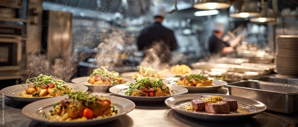Obraz premium Gourmet dishes being prepared in a bustling restaurant kitchen