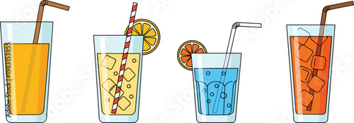Four refreshing beverages with straws and ice during a summer day