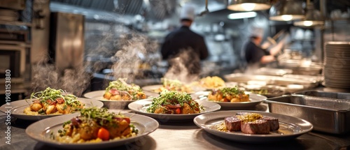 Gourmet dishes being prepared in a bustling restaurant kitchen