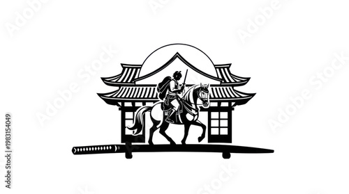 Samurai Warrior Riding Horse with Traditional Asian Building and Katana Outline Illustration