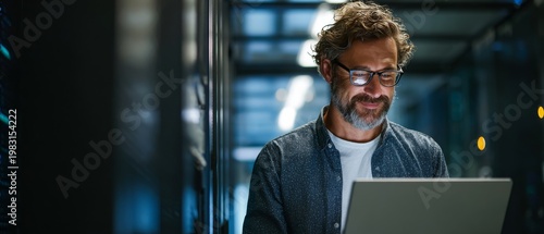 Smiling man working on laptop in modern data center environment