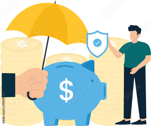 Piggy bank financial security umbrella shield money insurance investment safety personal savings wealth management coin stacks