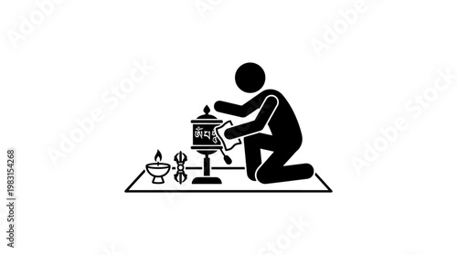 Person Praying with a Tibetan Prayer Wheel