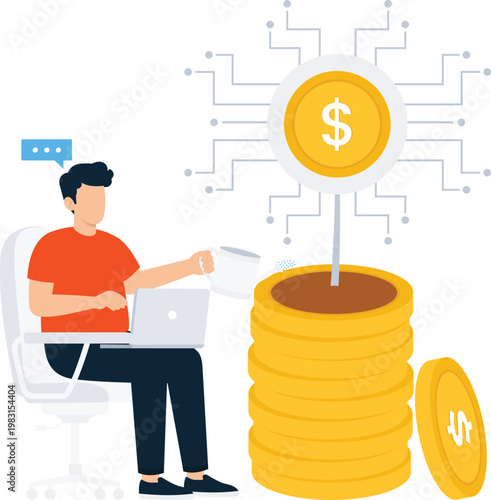 Man working laptop growing financial investment stack digital money network passive income strategy wealth creation business development