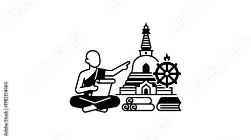 Buddhist Monk Teaching with Stupa Dharma Wheel and Books