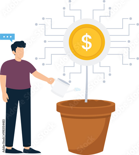 Man watering financial growth plant investment strategy business success money management dollar coin future savings digital finance nurturing wealth young investor