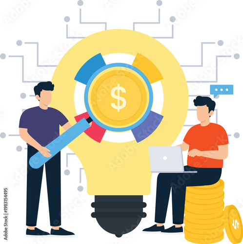 Business idea financial success investment strategy creative thinking money management startup concept team collaboration digital technology problem solving dollar coin