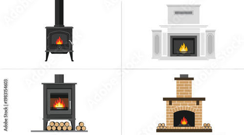 Four diverse fireplace designs with glowing embers in a clean graphic style