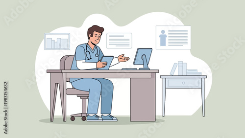 Doctor working on computer and tablet in office, medical consultation, healthcare technology