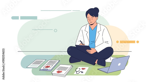 Doctor working on laptop and notes, medical research, healthcare concept