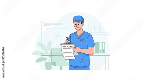 Doctor writing care notes in clinic, medical professional at work