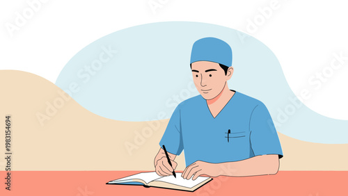 Doctor writing in notebook, medical professional, healthcare, studying, working, illustration