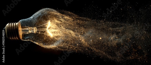 Creative light bulb shattering with glowing particles on black background