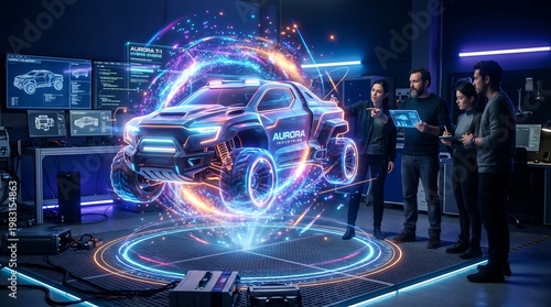 A team of engineers presents a futuristic armored vehicle using a glowing holographic projection, discussing design, performance, and technology in a high-tech laboratory filled with digital interface