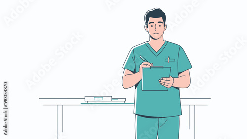 Doctor Writing Notes on Clipboard in Medical Office