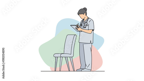 Doctor writing notes on clipboard next to chair, minimalist medical illustration