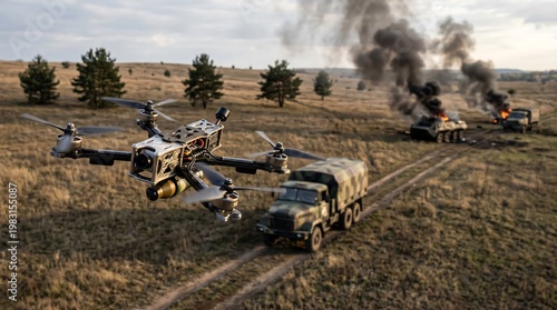 A military drone flies low over a battlefield, tracking armored vehicles while smoke rises from burning trucks, capturing a tense scene of modern warfare, surveillance, and active combat operations.