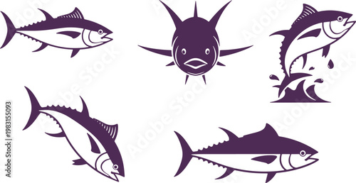 Five distinct illustrations of tuna fish in various artistic styles and poses