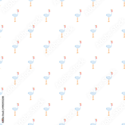 Storks delivering newborn babies in a cute cartoon seamless pattern on a white background