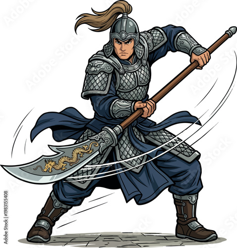 Ancient Asian Warrior Attacking with Dragon Guandao