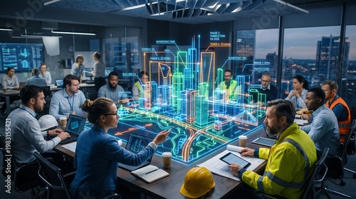 A diverse team of engineers and planners collaborates around a table, analyzing a glowing holographic city model, discussing urban development, infrastructure, and smart planning in a modern high-tech