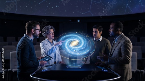 A group of scientists in a modern laboratory study a holographic model of the galaxy, discussing space data and analyzing the structure of the Universe using advanced technology and instruments.