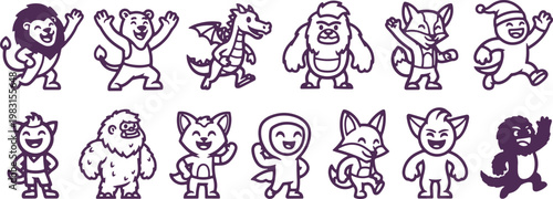 Playful cartoon characters in celebratory and dynamic poses