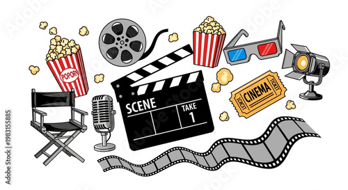 Filmmaking equipment provides a colorful collection for movie themed.