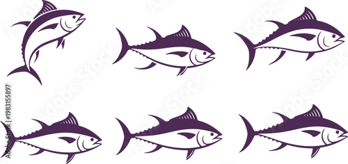 Five black and white illustrations of tuna fish swimming in various directions
