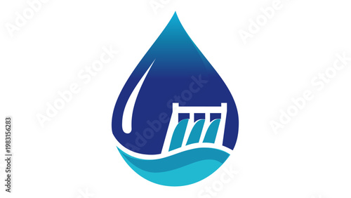 Hydroelectric Power Vector Icon Illustration of a Water Drop with a Dam, Representing Clean Renewable Energy, Sustainability, and Eco-Friendly Hydropower Technology for Environmental Design.