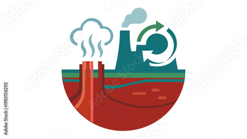 Geothermal energy power plant vector icon illustration. Sustainable renewable resource concept with factory, steam, and earth cross-section. Flat minimalist design for green technology and