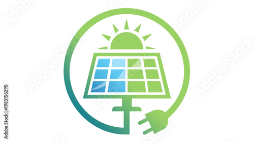 Eco-friendly renewable green energy vector icon illustration featuring a solar panel with sun and power plug in a minimalist flat design, perfect for sustainability and clean power concepts.