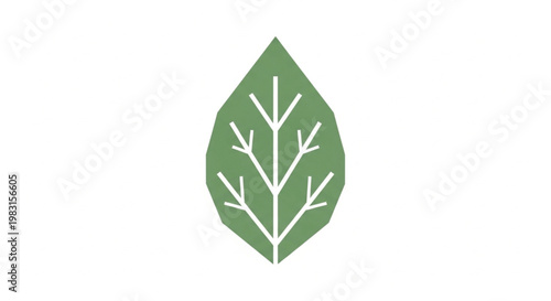 A modern, geometric green leaf logo design isolated on a white background. This stylized illustration features sharp, angular edges and white veins resembling a tree structure. Ideal for eco-friendly.