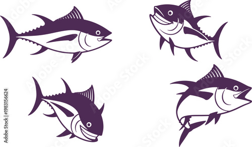 Four distinct views of a large tuna fish swimming in different orientations