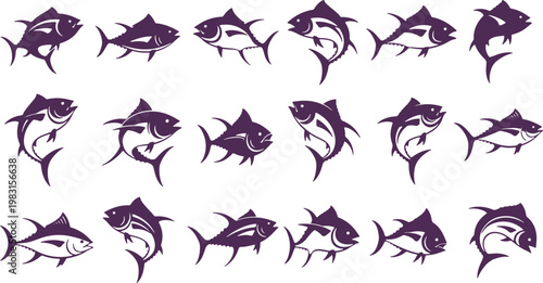 Diverse collection of stylized tuna fish illustrations in various orientations
